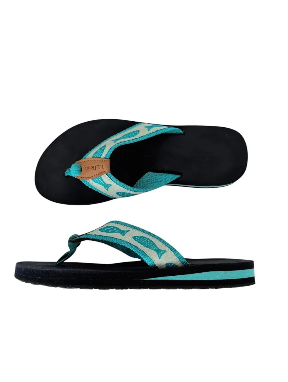 L.L. Bean Original Maine Isle Flip Flops Sandals 6M Aqua Fish Motif